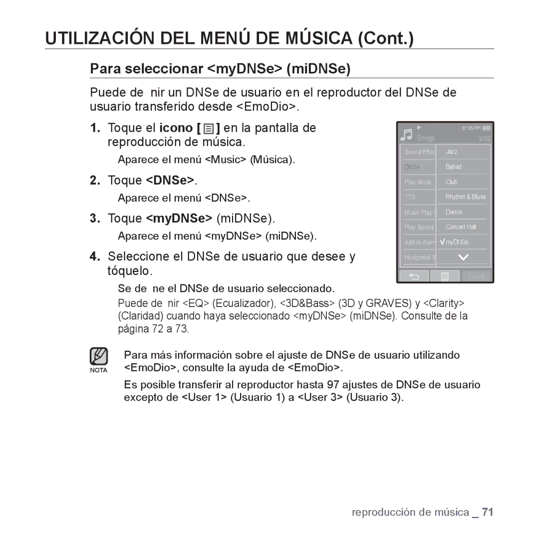 Samsung YP-P2AB/MEA manual Toque myDNSe miDNSe, Seleccione el DNSe de usuario que desee y tóquelo 