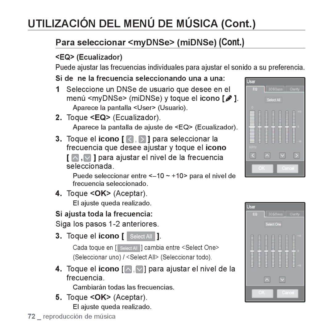 Samsung YP-P2AB/MEA manual EQ Ecualizador, Si ajusta toda la frecuencia 