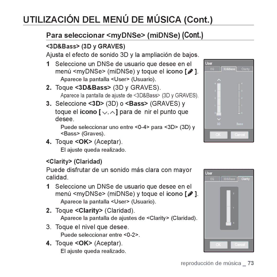 Samsung YP-P2AB/MEA manual 3D&Bass 3D y Graves, Clarity Claridad 