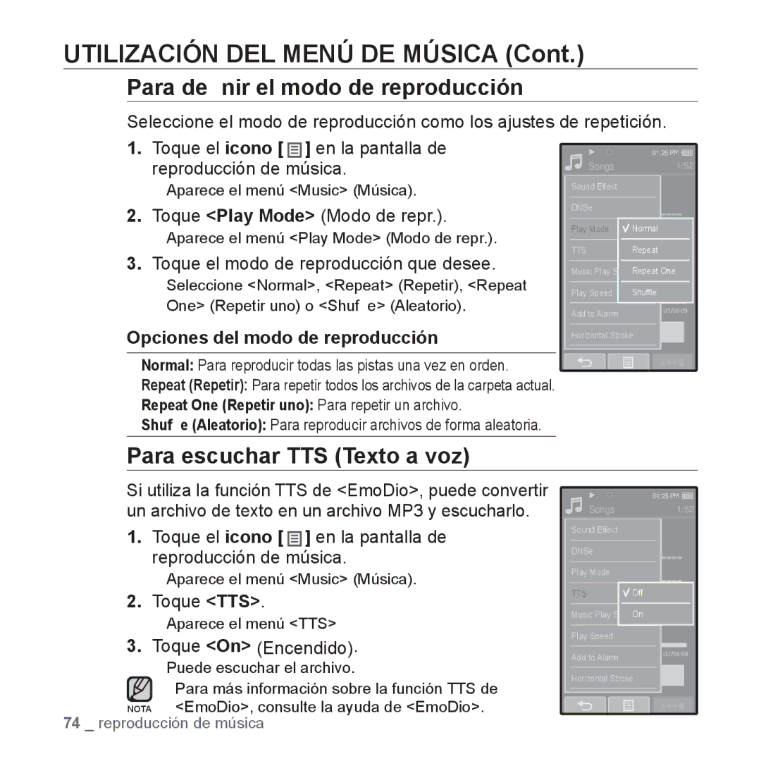 Samsung YP-P2AB/MEA Para deﬁnir el modo de reproducción, Para escuchar TTS Texto a voz, Opciones del modo de reproducción 