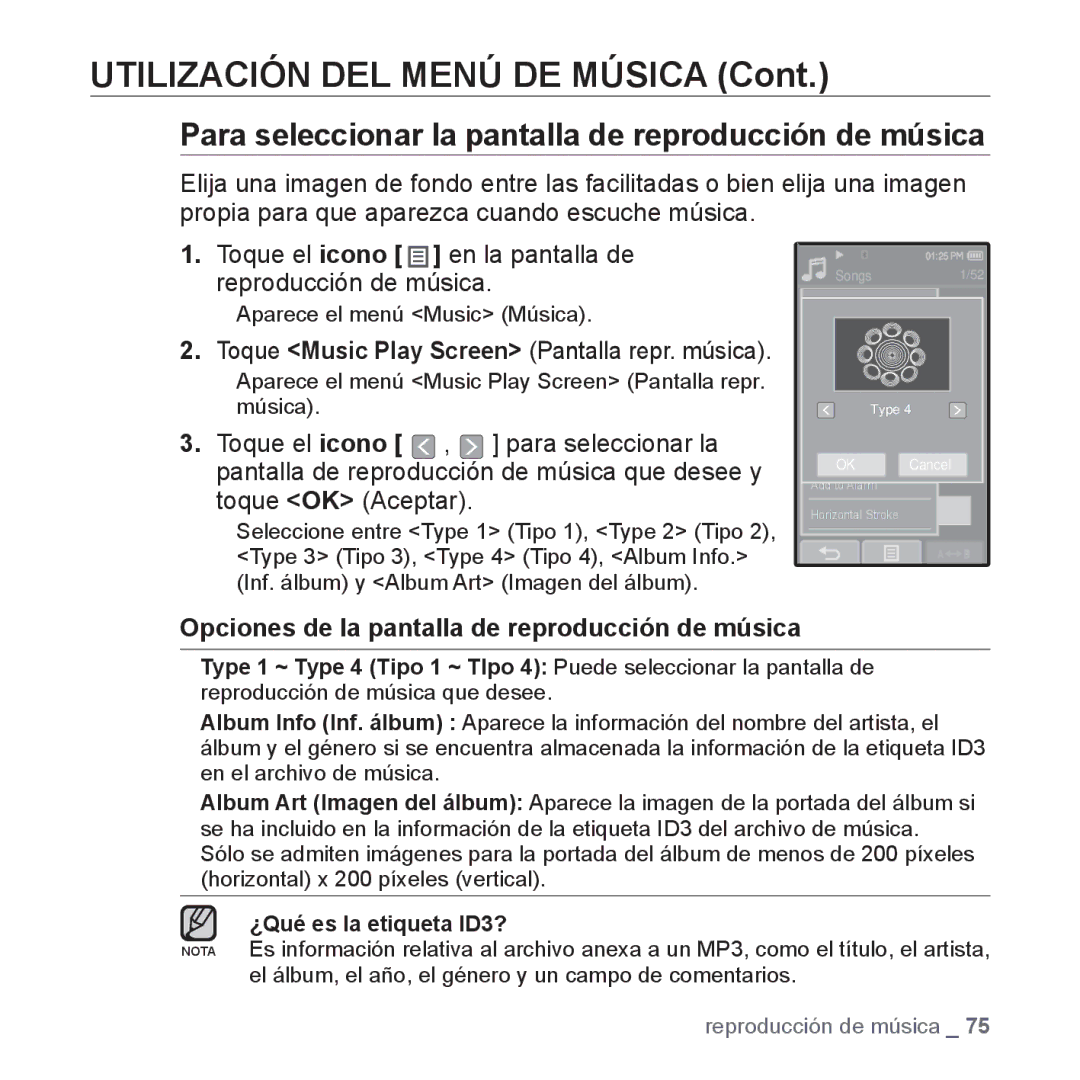 Samsung YP-P2AB/MEA manual Para seleccionar la pantalla de reproducción de música 