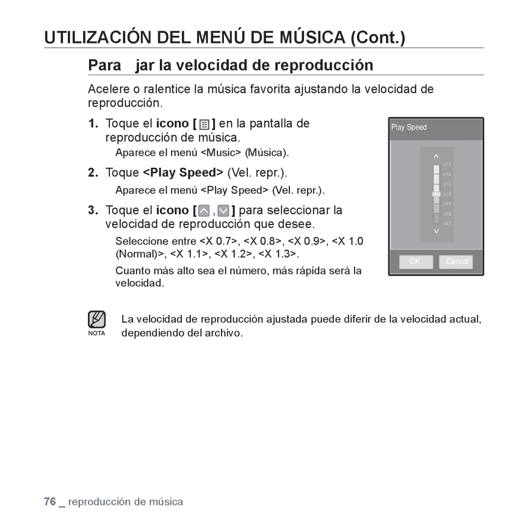 Samsung YP-P2AB/MEA manual Para ﬁjar la velocidad de reproducción, Toque Play Speed Vel. repr 