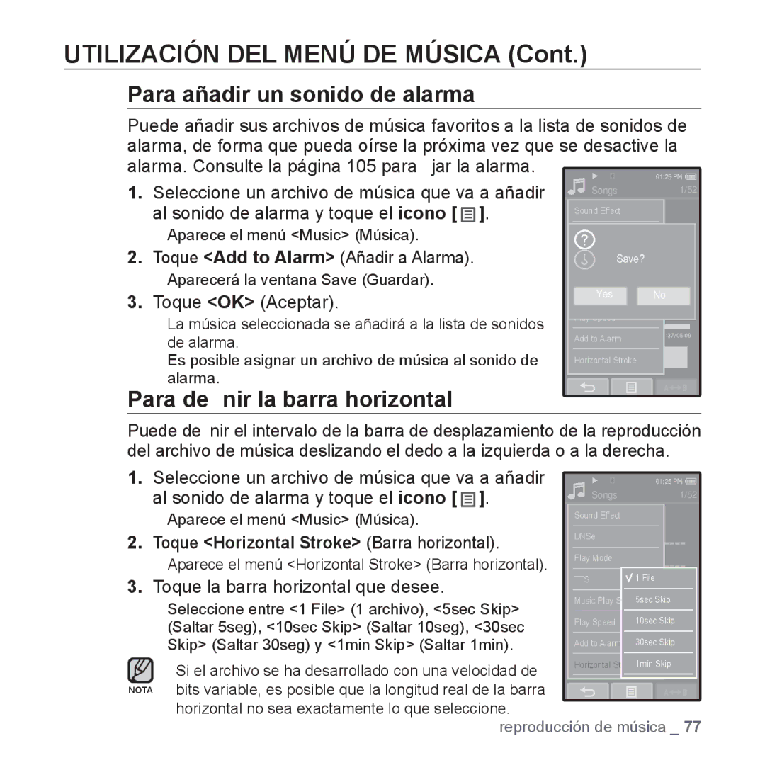 Samsung YP-P2AB/MEA manual Para añadir un sonido de alarma, Toque Add to Alarm Añadir a Alarma 