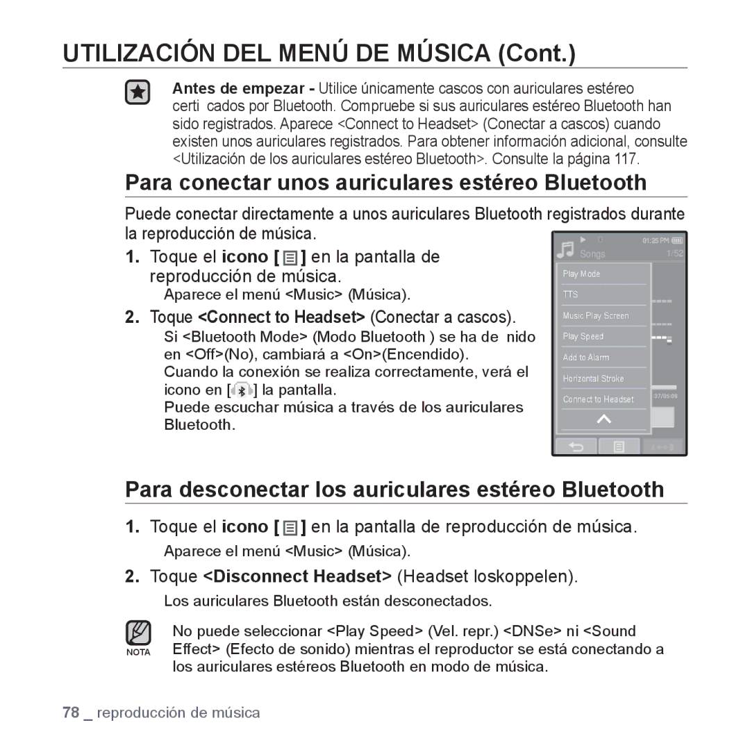 Samsung YP-P2AB/MEA manual Toque Disconnect Headset Headset loskoppelen, Toque Connect to Headset Conectar a cascos 