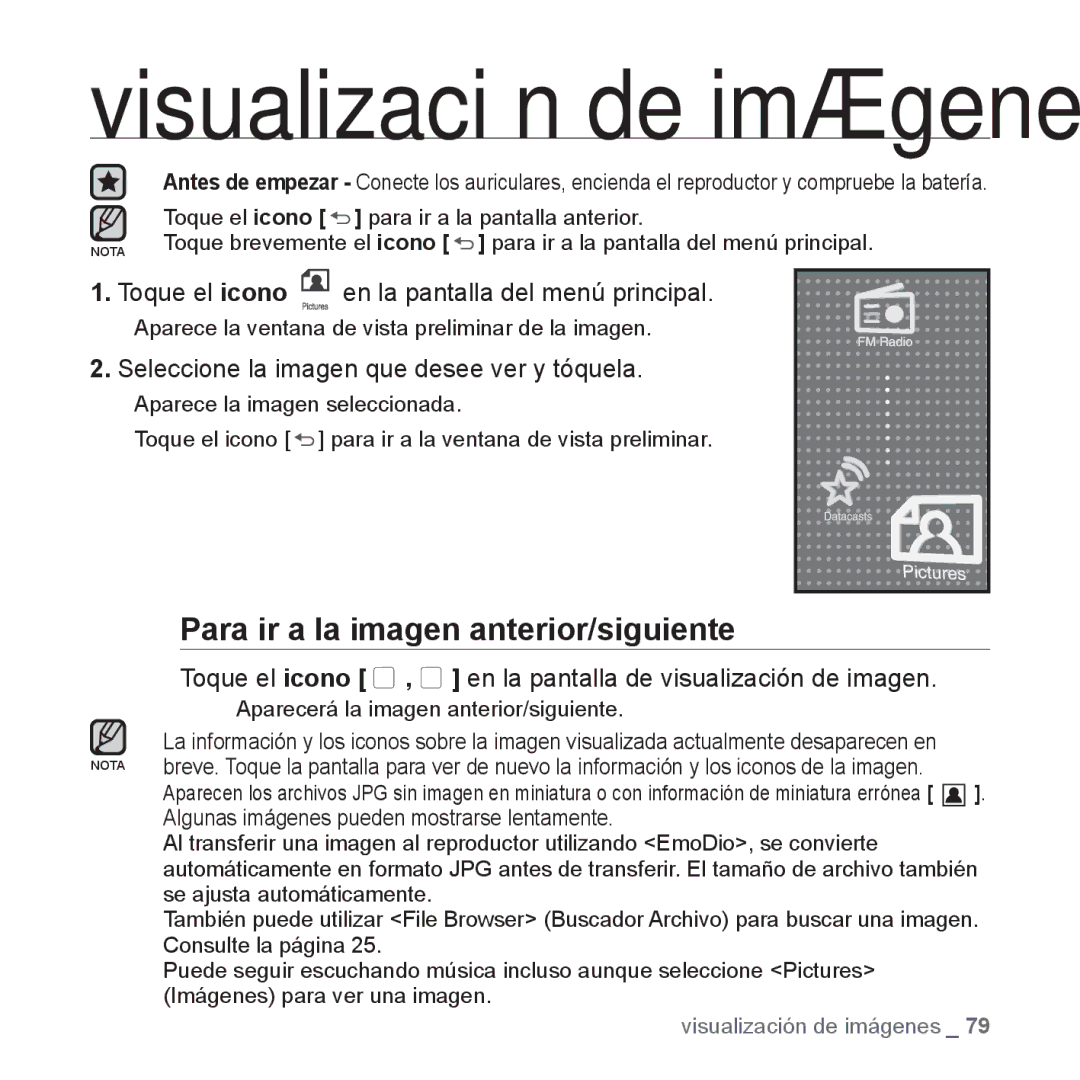 Samsung YP-P2AB/MEA manual Para ir a la imagen anterior/siguiente, Seleccione la imagen que desee ver y tóquela 