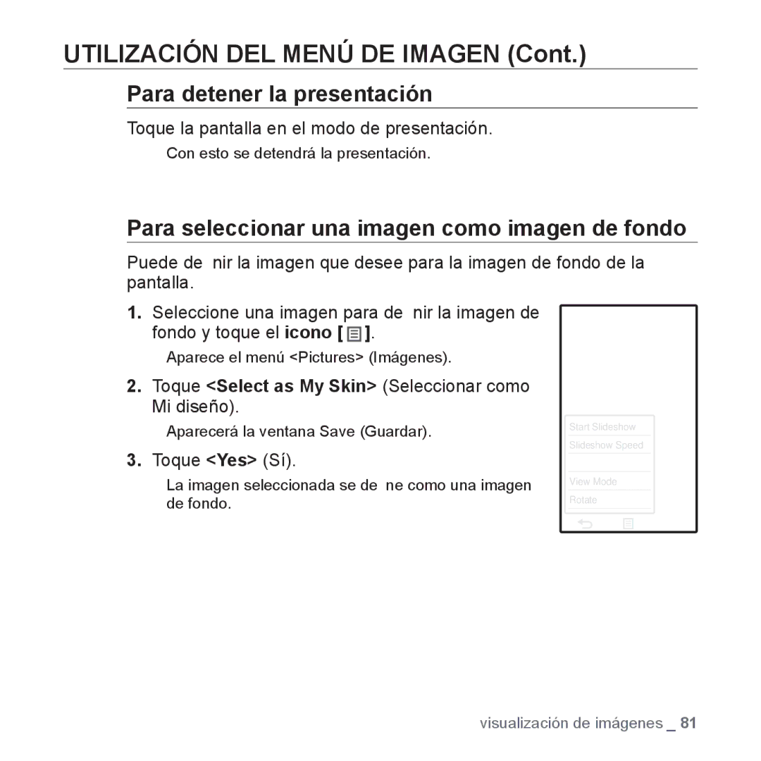 Samsung YP-P2AB/MEA manual Utilización DEL Menú DE Imagen, Para detener la presentación 