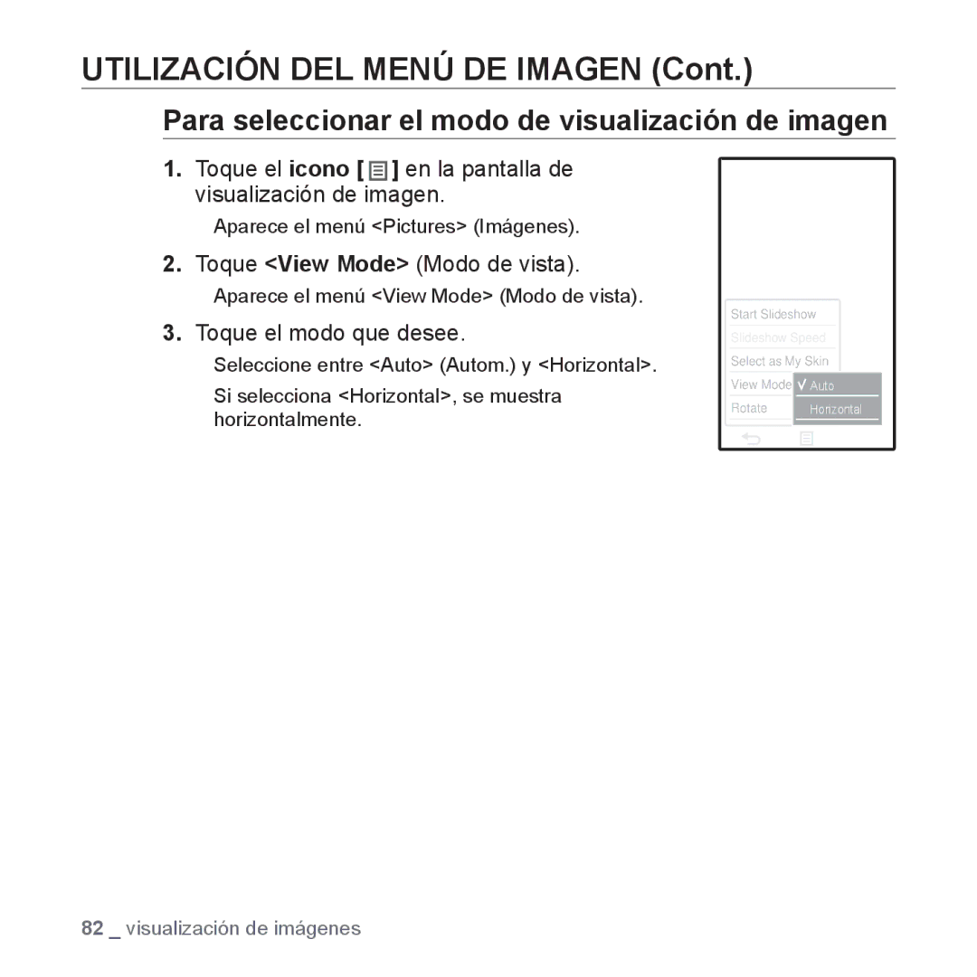 Samsung YP-P2AB/MEA manual Para seleccionar el modo de visualización de imagen, Toque View Mode Modo de vista 