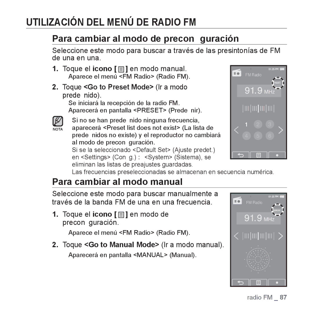 Samsung YP-P2AB/MEA Utilización DEL Menú DE Radio FM, Para cambiar al modo de preconﬁguración, Para cambiar al modo manual 