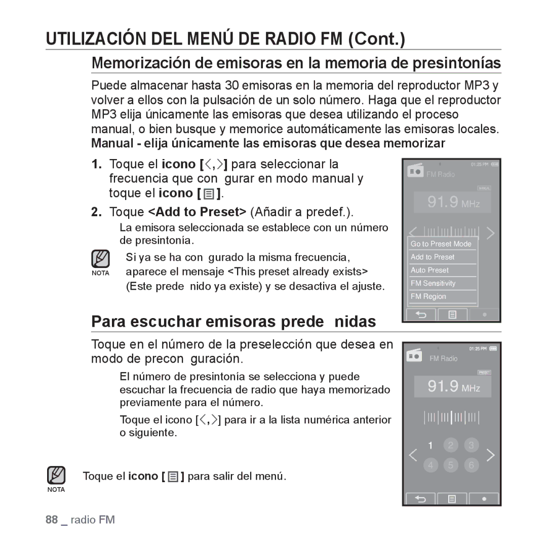 Samsung YP-P2AB/MEA manual Utilización DEL Menú DE Radio FM, Memorización de emisoras en la memoria de presintonías 