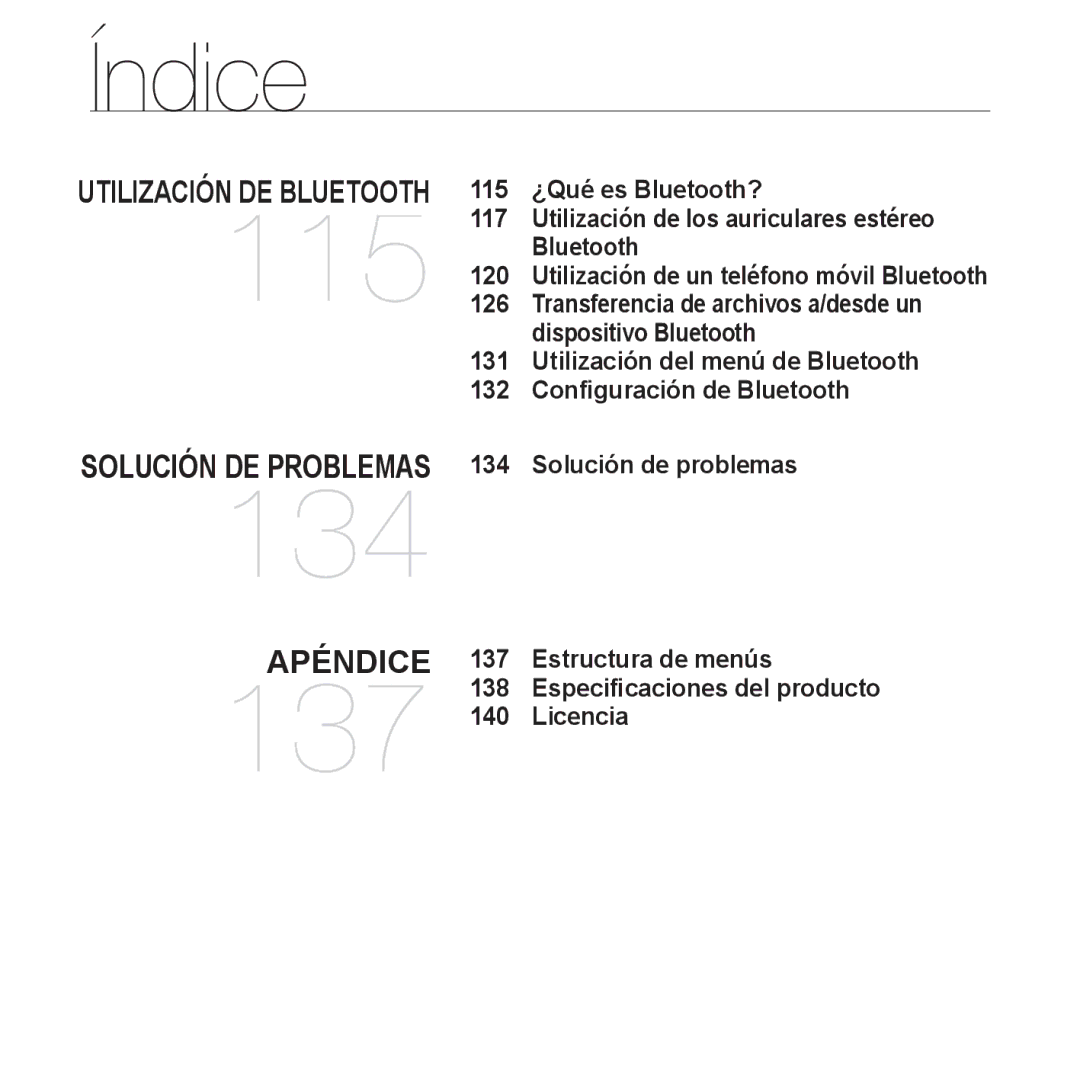 Samsung YP-P2AB/MEA manual 115 ¿Qué es Bluetooth?, 117, 120, 126, Dispositivo Bluetooth 