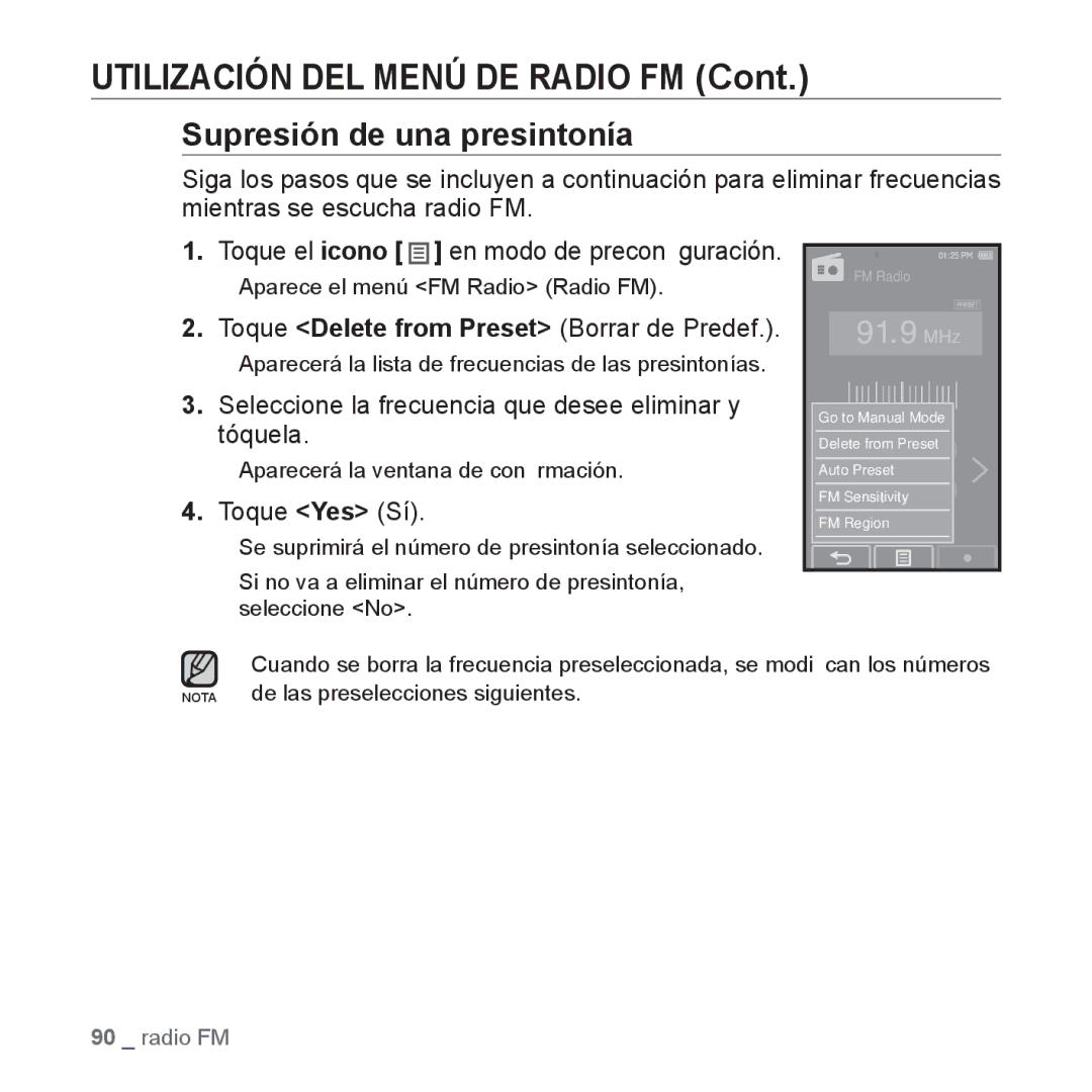 Samsung YP-P2AB/MEA manual Supresión de una presintonía, Seleccione la frecuencia que desee eliminar y tóquela 