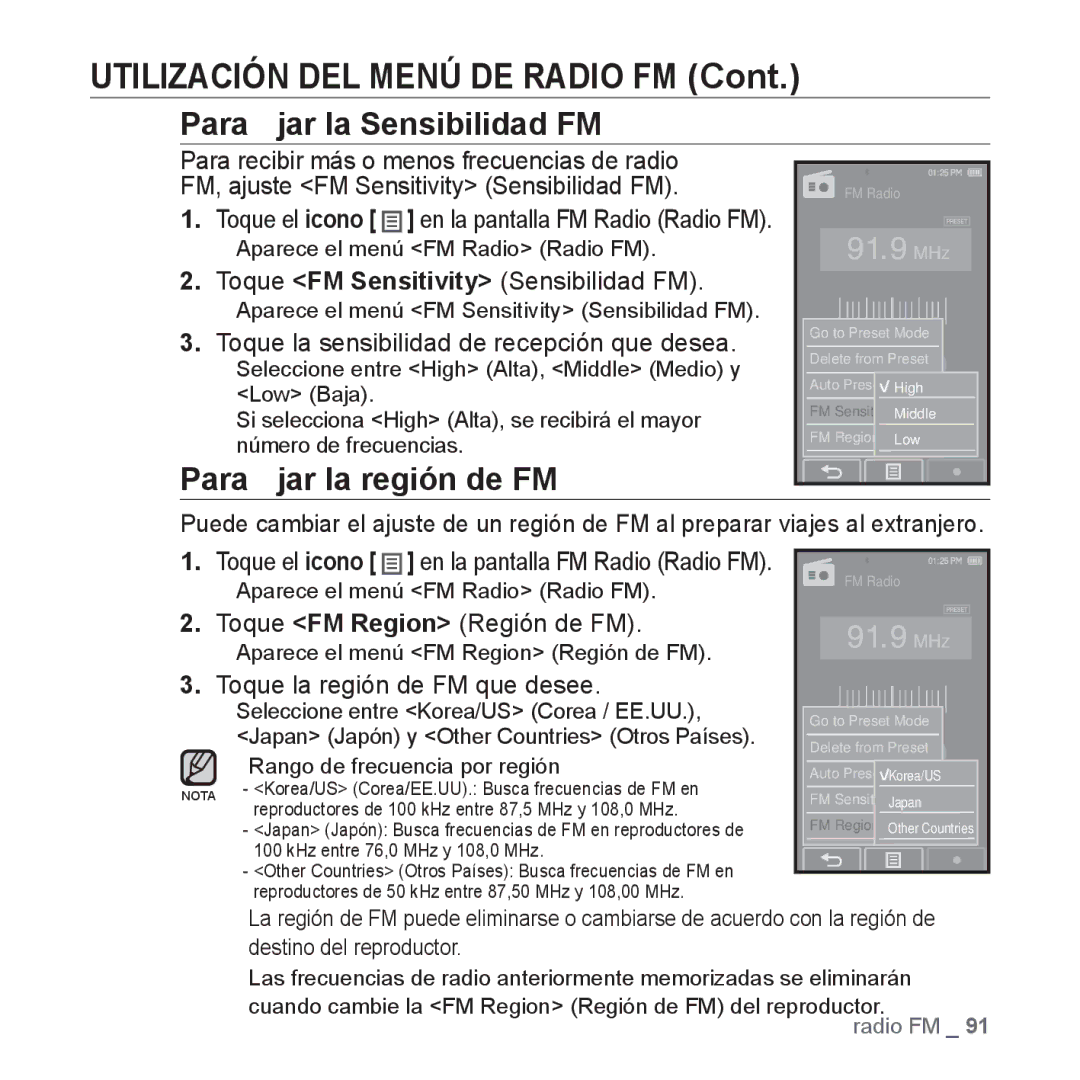 Samsung YP-P2AB/MEA manual Para ﬁjar la Sensibilidad FM, Para ﬁjar la región de FM 