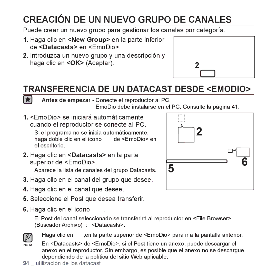 Samsung YP-P2AB/MEA manual Creación DE UN Nuevo Grupo DE Canales, Transferencia DE UN Datacast Desde Emodio 