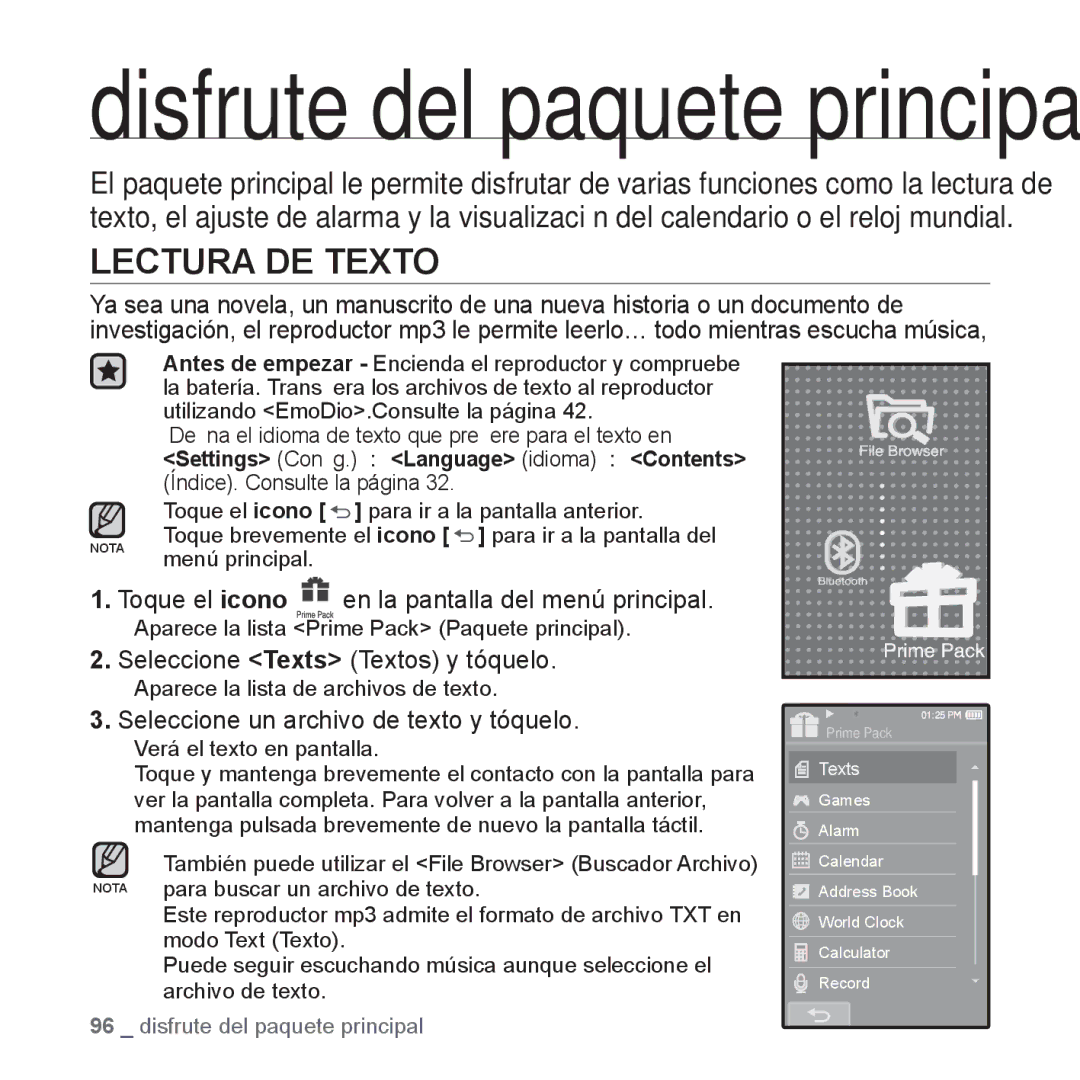 Samsung YP-P2AB/MEA manual Lectura DE Texto, Seleccione Texts Textos y tóquelo, Seleccione un archivo de texto y tóquelo 