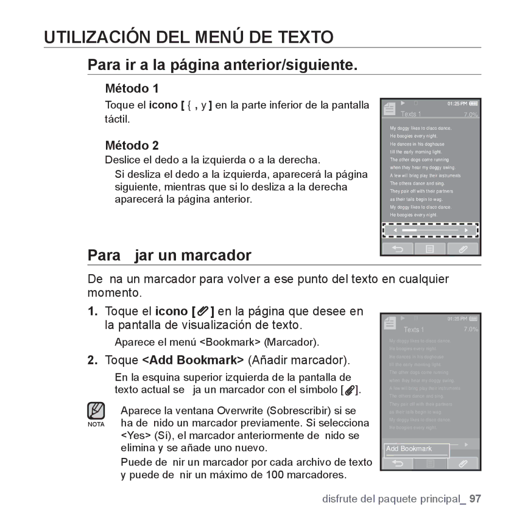 Samsung YP-P2AB/MEA manual Utilización DEL Menú DE Texto, Para ir a la página anterior/siguiente 