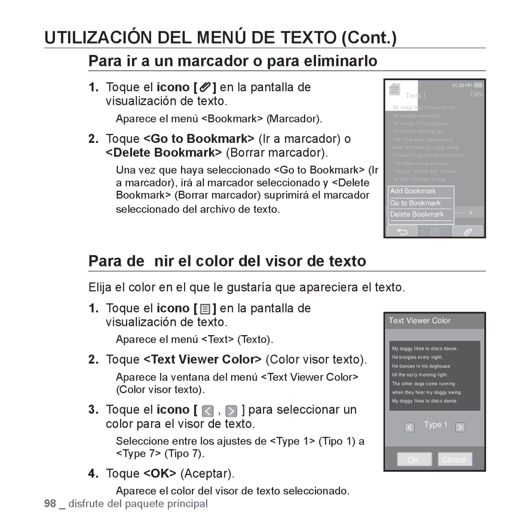 Samsung YP-P2AB/MEA manual Utilización DEL Menú DE Texto, Para ir a un marcador o para eliminarlo 