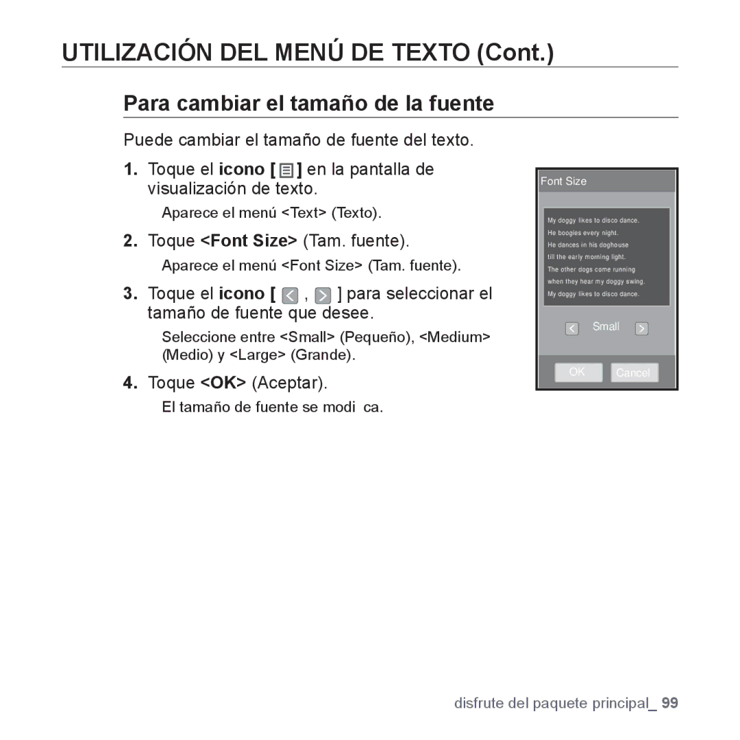 Samsung YP-P2AB/MEA manual Para cambiar el tamaño de la fuente, Toque Font Size Tam. fuente 