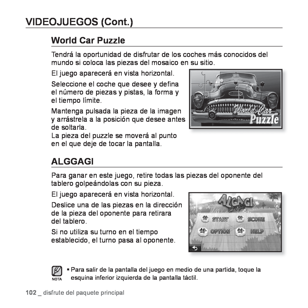 Samsung YP-P2AB/MEA manual VIDEOJUEGOS Cont, World Car Puzzle, Alggagi, El juego aparecerá en vista horizontal 