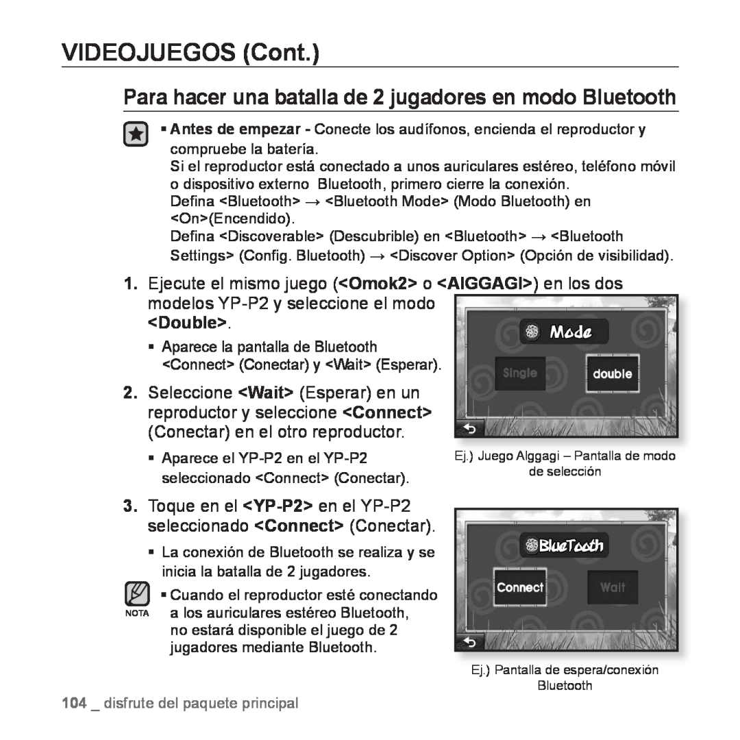 Samsung YP-P2AB/MEA manual Para hacer una batalla de 2 jugadores en modo Bluetooth, VIDEOJUEGOS Cont, Double 