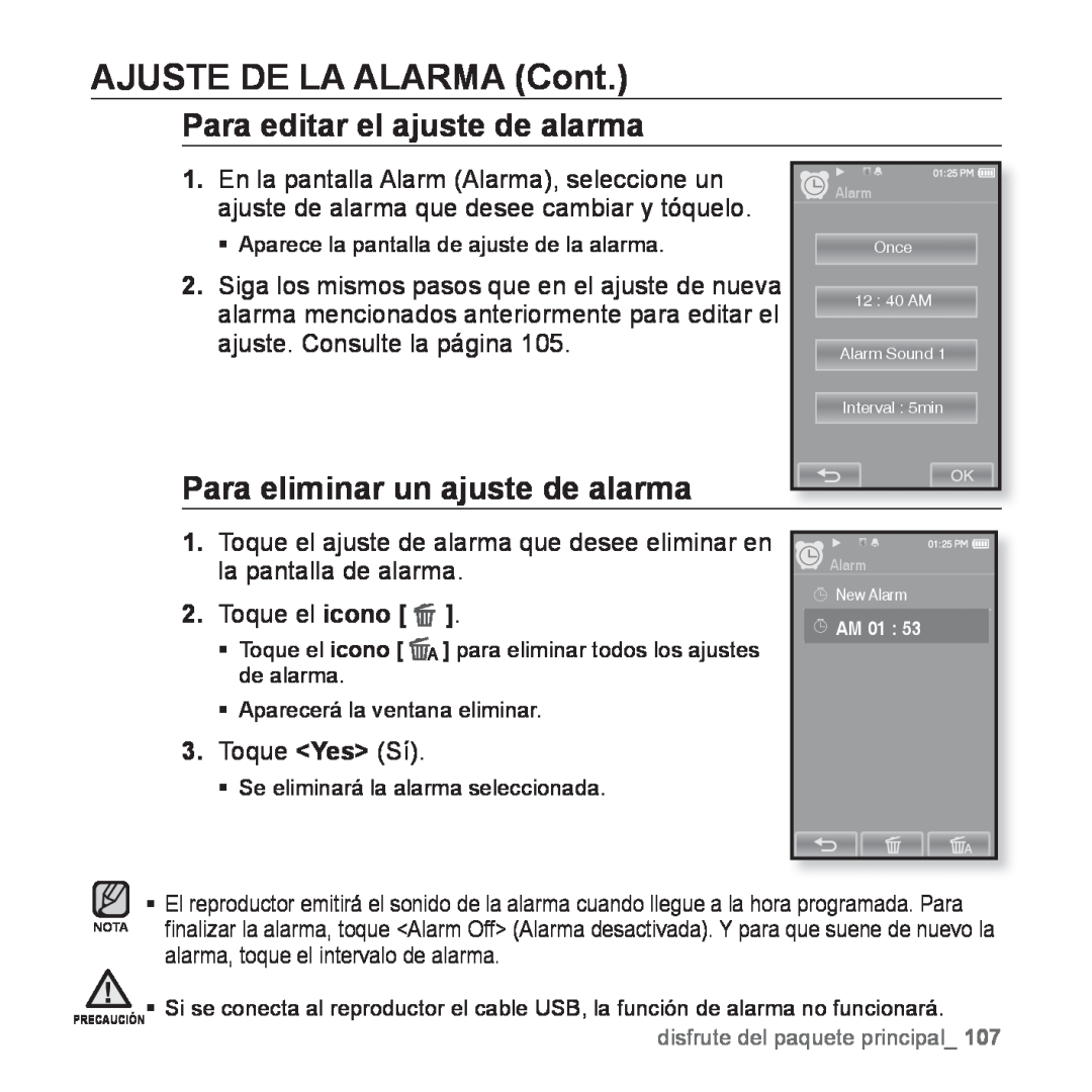 Samsung YP-P2AB/MEA manual Para editar el ajuste de alarma, Para eliminar un ajuste de alarma, Toque el icono, Toque Yes Sí 