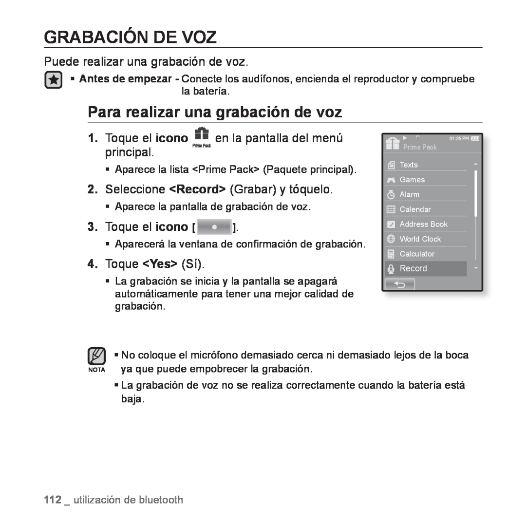 Samsung YP-P2AB/MEA manual Grabación De Voz, Para realizar una grabación de voz, Puede realizar una grabación de voz 