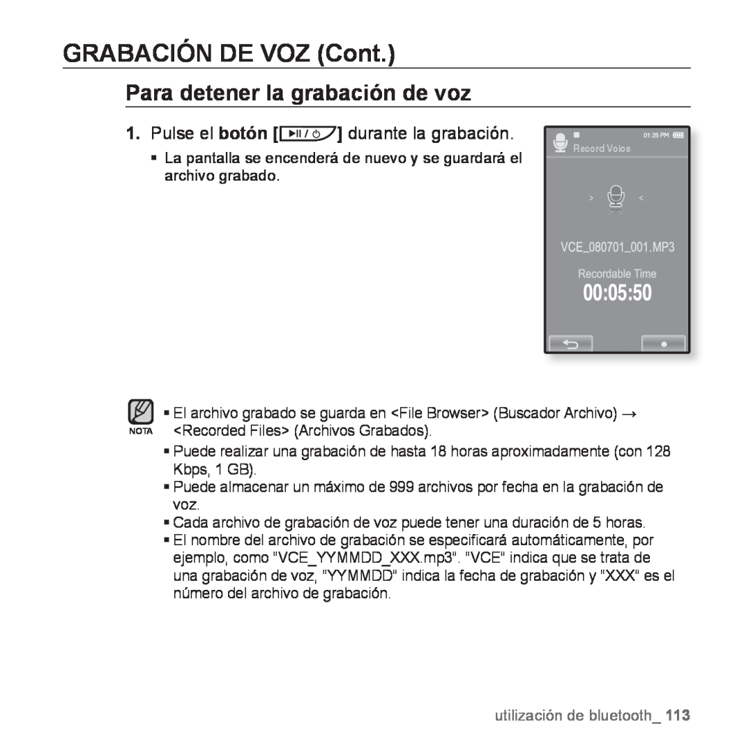 Samsung YP-P2AB/MEA manual GRABACIÓN DE VOZ Cont, Para detener la grabación de voz, durante la grabación 