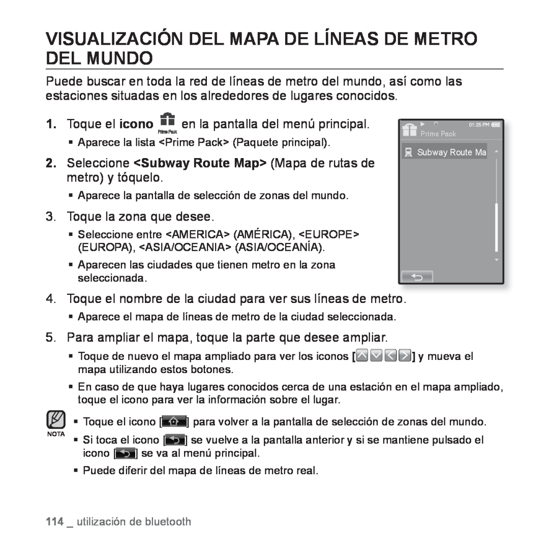 Samsung YP-P2AB/MEA manual Visualización Del Mapa De Líneas De Metro Del Mundo, Toque la zona que desee 