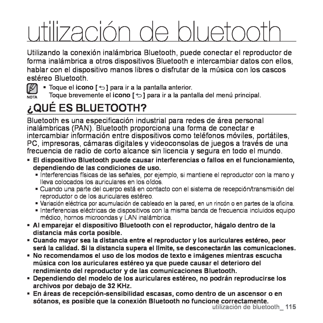 Samsung YP-P2AB/MEA manual utilización de bluetooth, ¿Qué Es Bluetooth? 