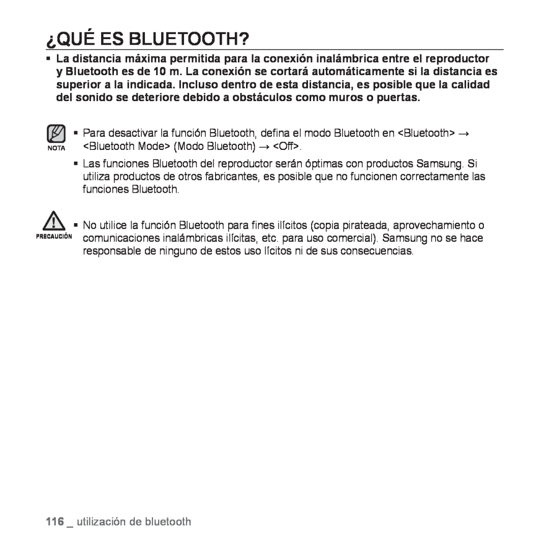 Samsung YP-P2AB/MEA manual ¿Qué Es Bluetooth?, Bluetooth Mode Modo Bluetooth Off, utilización de bluetooth 