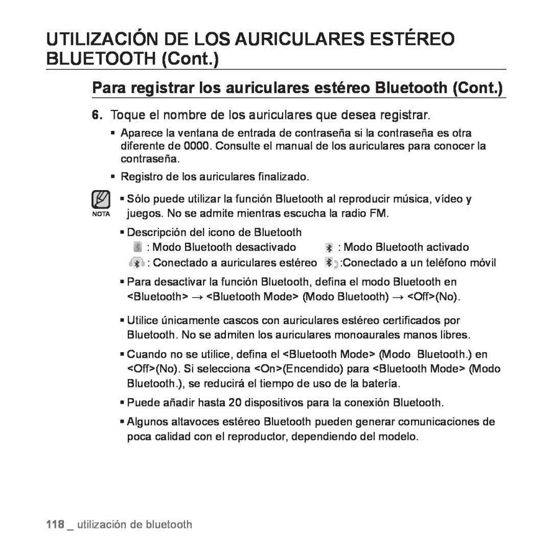 Samsung YP-P2AB/MEA manual UTILIZACIÓN DE LOS AURICULARES ESTÉREO BLUETOOTH Cont, utilización de bluetooth 