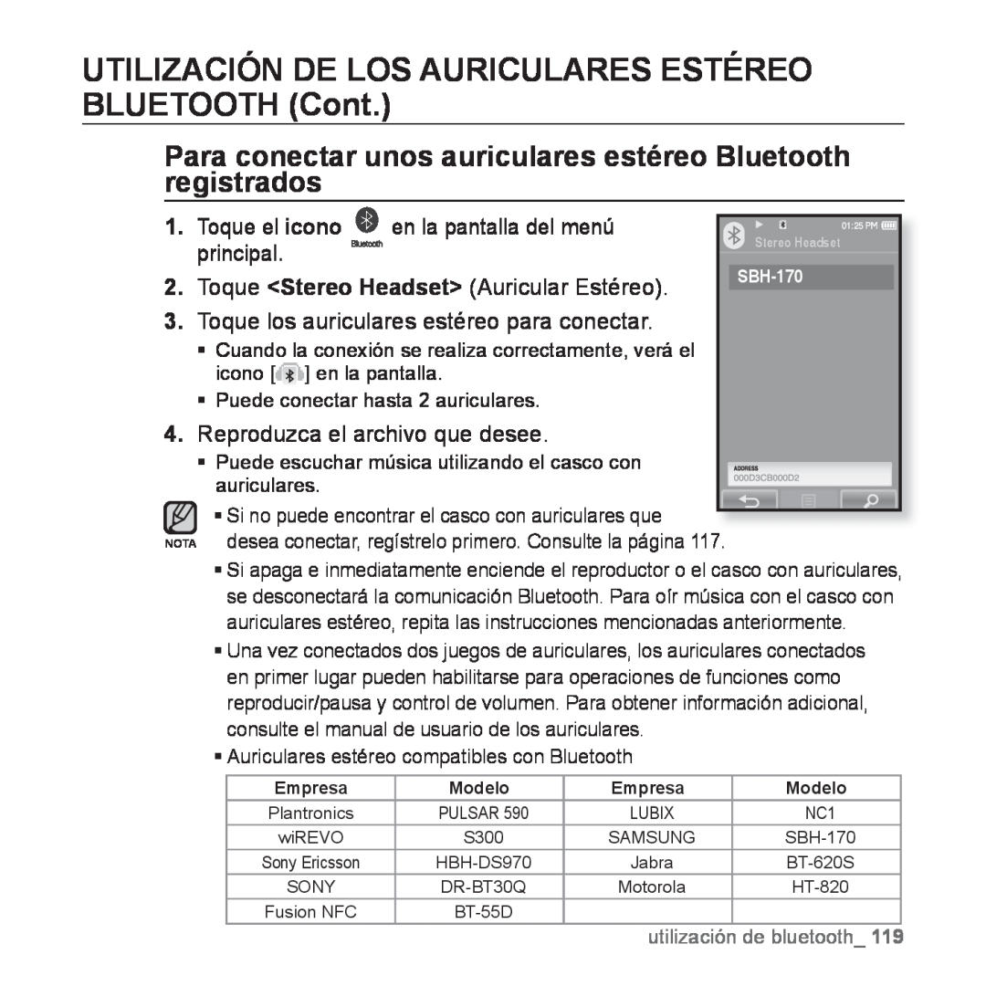 Samsung YP-P2AB/MEA manual Para conectar unos auriculares estéreo Bluetooth registrados, en la pantalla del menú, principal 