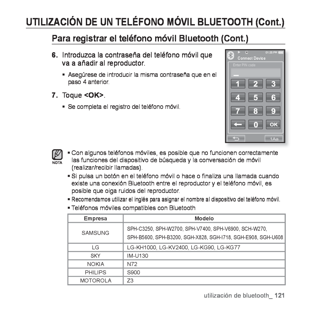 Samsung YP-P2AB/MEA manual UTILIZACIÓN DE UN TELÉFONO MÓVIL BLUETOOTH Cont, Para registrar el teléfono móvil Bluetooth Cont 