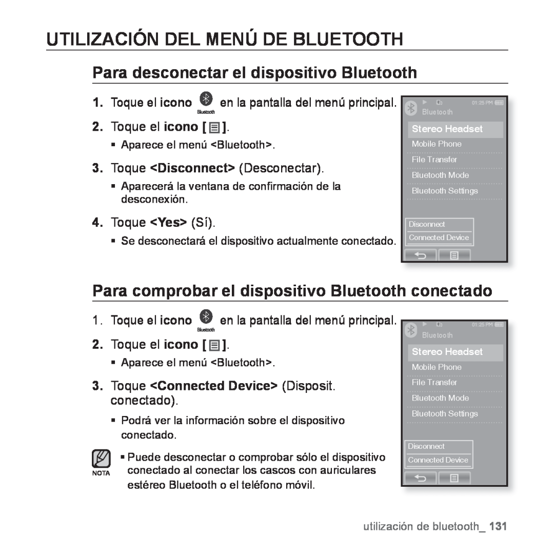 Samsung YP-P2AB/MEA manual Utilización Del Menú De Bluetooth, Para desconectar el dispositivo Bluetooth, Toque el icono 