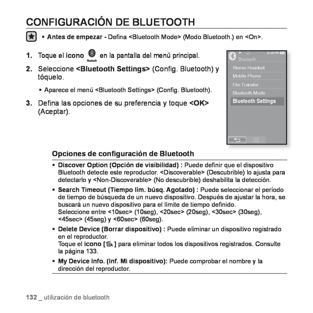 Samsung YP-P2AB/MEA manual Configuración De Bluetooth, Seleccione Bluetooth Settings Conﬁg. Bluetooth y tóquelo 