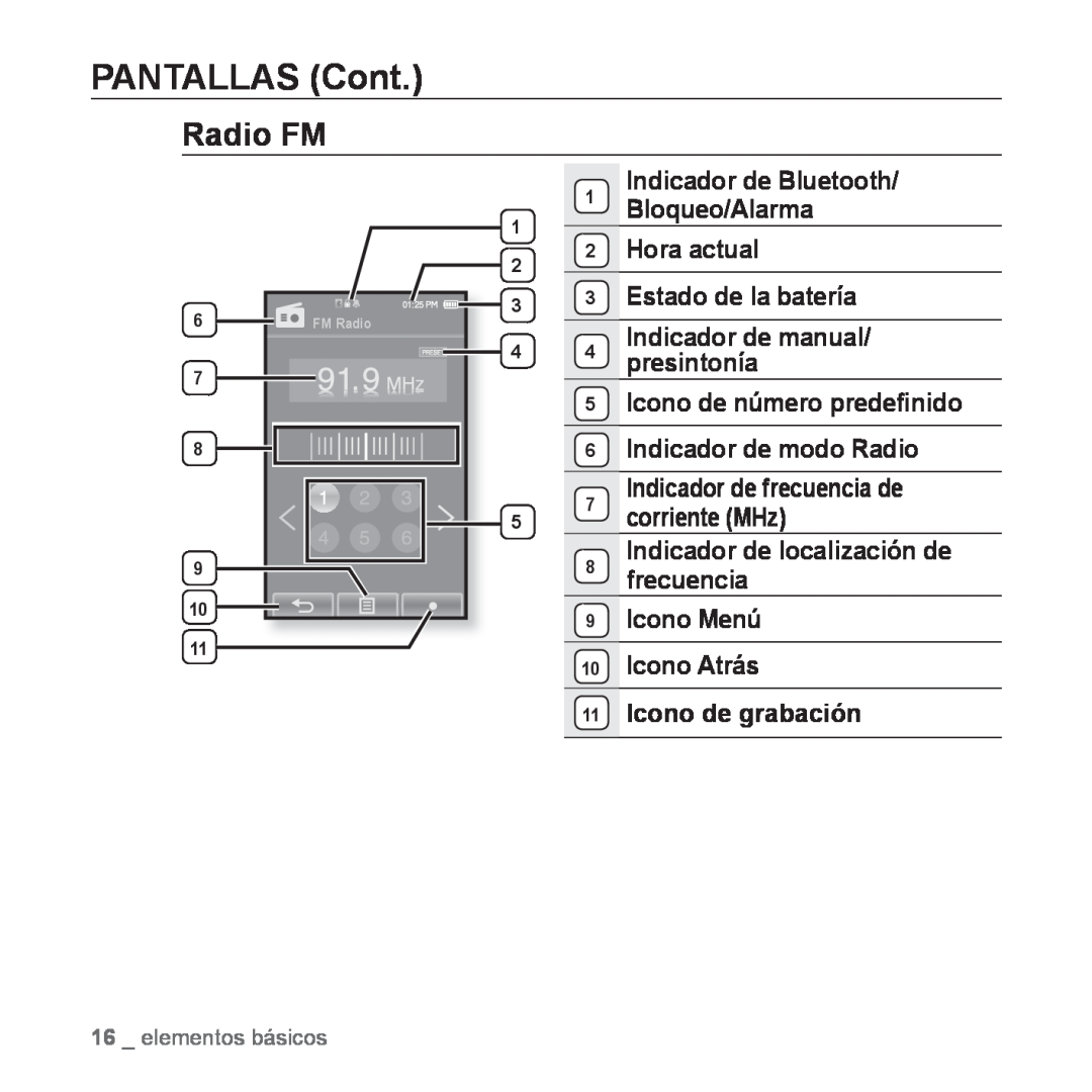 Samsung YP-P2AB/MEA manual Radio FM, PANTALLAS Cont, Icono de número predeﬁnido, Indicador de frecuencia de 