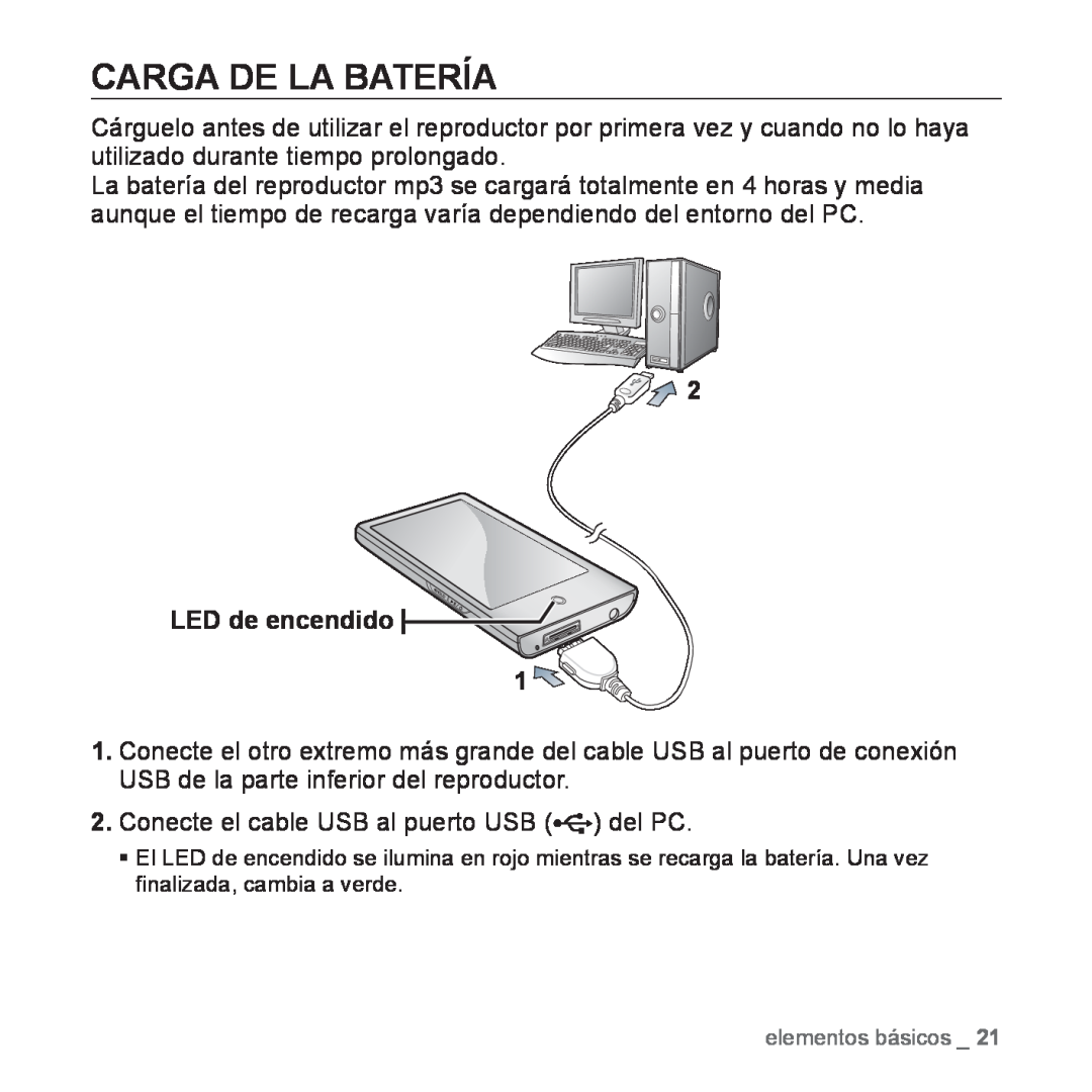Samsung YP-P2AB/MEA manual Carga De La Batería, Conecte el cable USB al puerto USB del PC 