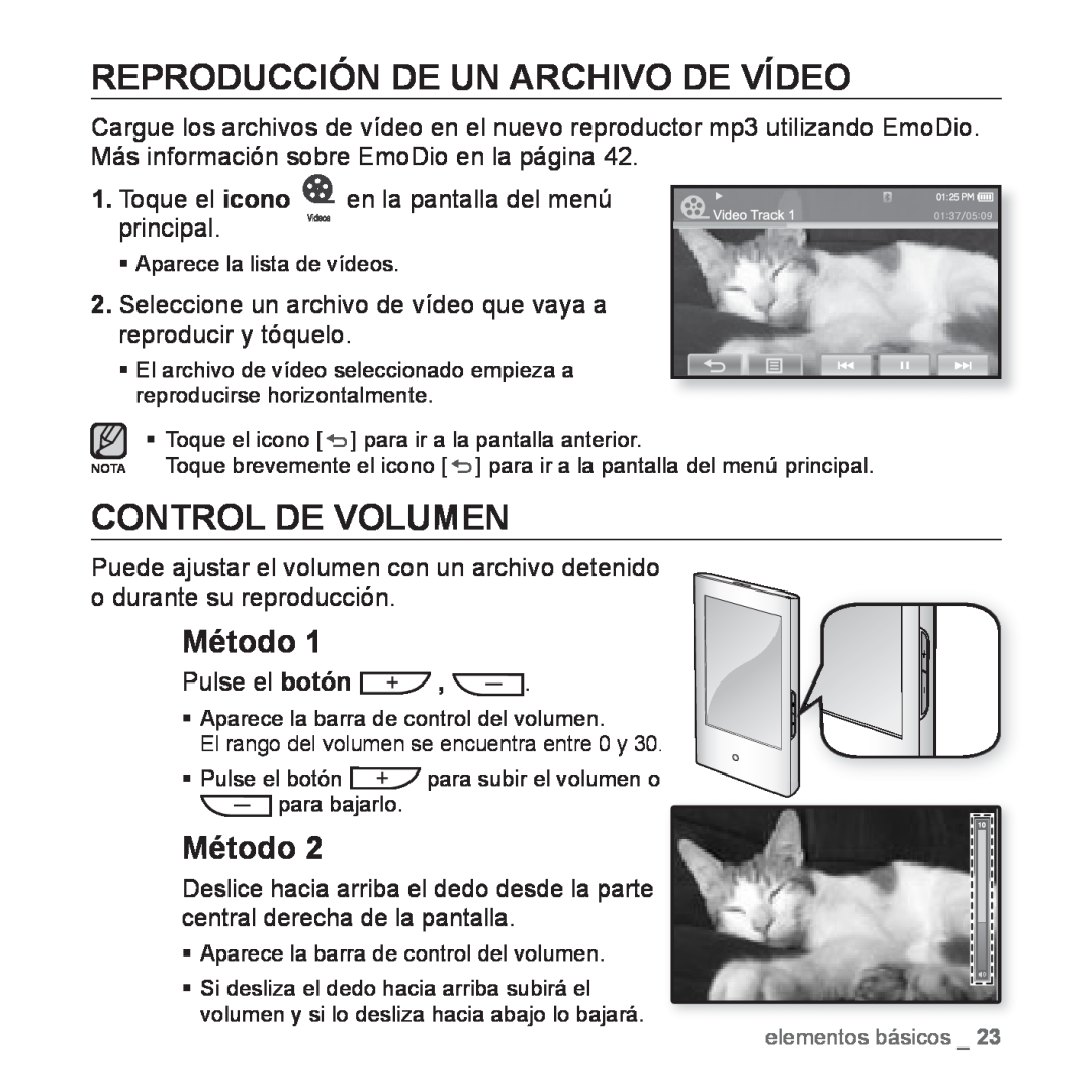 Samsung YP-P2AB/MEA manual Reproducción De Un Archivo De Vídeo, Control De Volumen, Pulse el botón, Método 