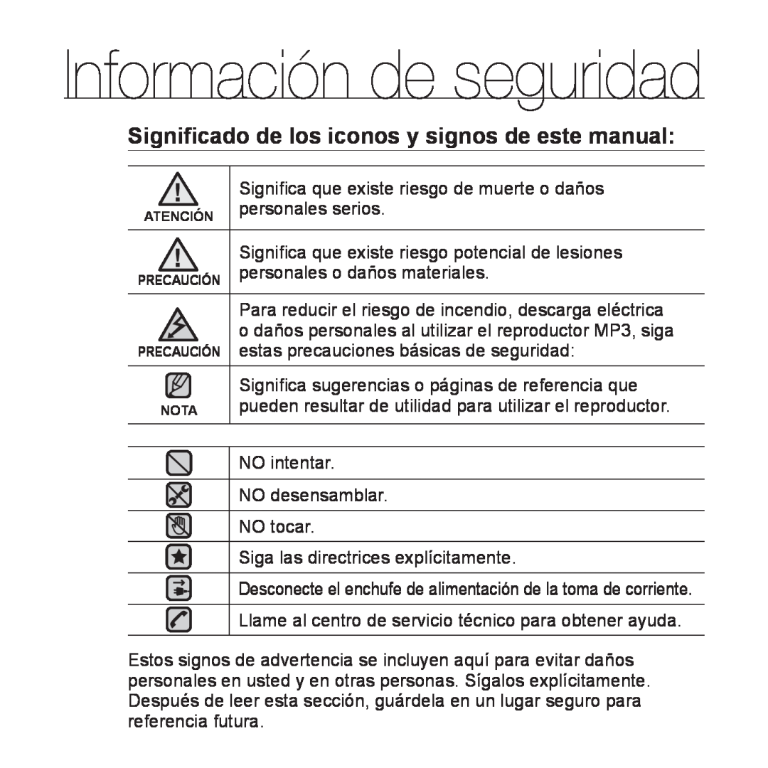 Samsung YP-P2AB/MEA Información de seguridad, Signiﬁcado de los iconos y signos de este manual, personales serios 