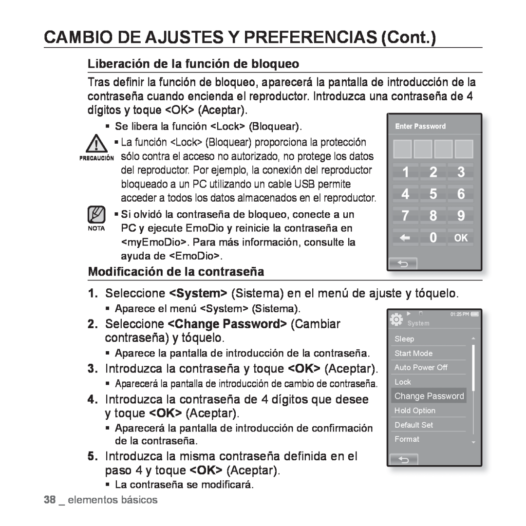 Samsung YP-P2AB/MEA manual Introduzca la contraseña y toque OK Aceptar, CAMBIO DE AJUSTES Y PREFERENCIAS Cont 