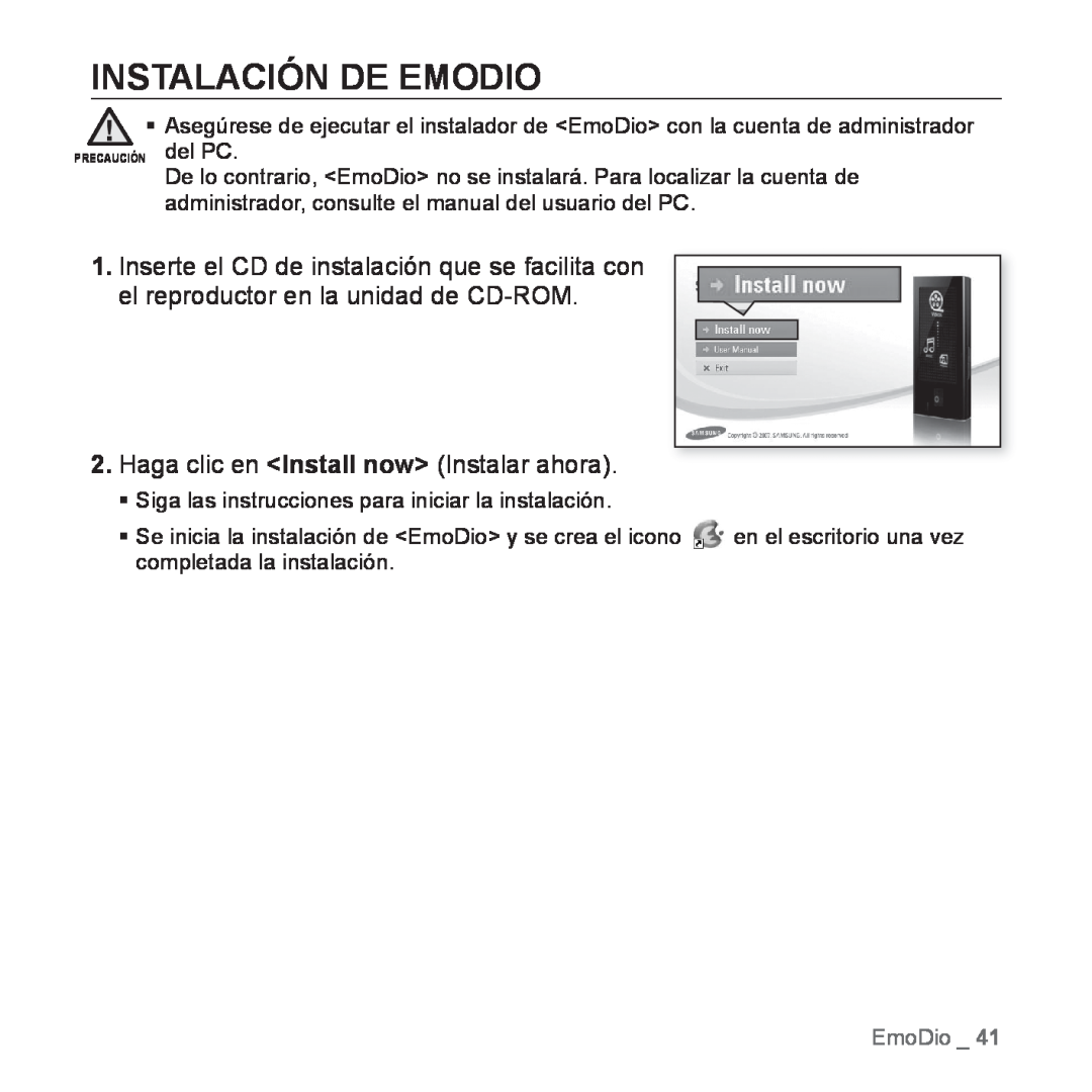 Samsung YP-P2AB/MEA manual Instalación De Emodio, Haga clic en Install now Instalar ahora, EmoDio 