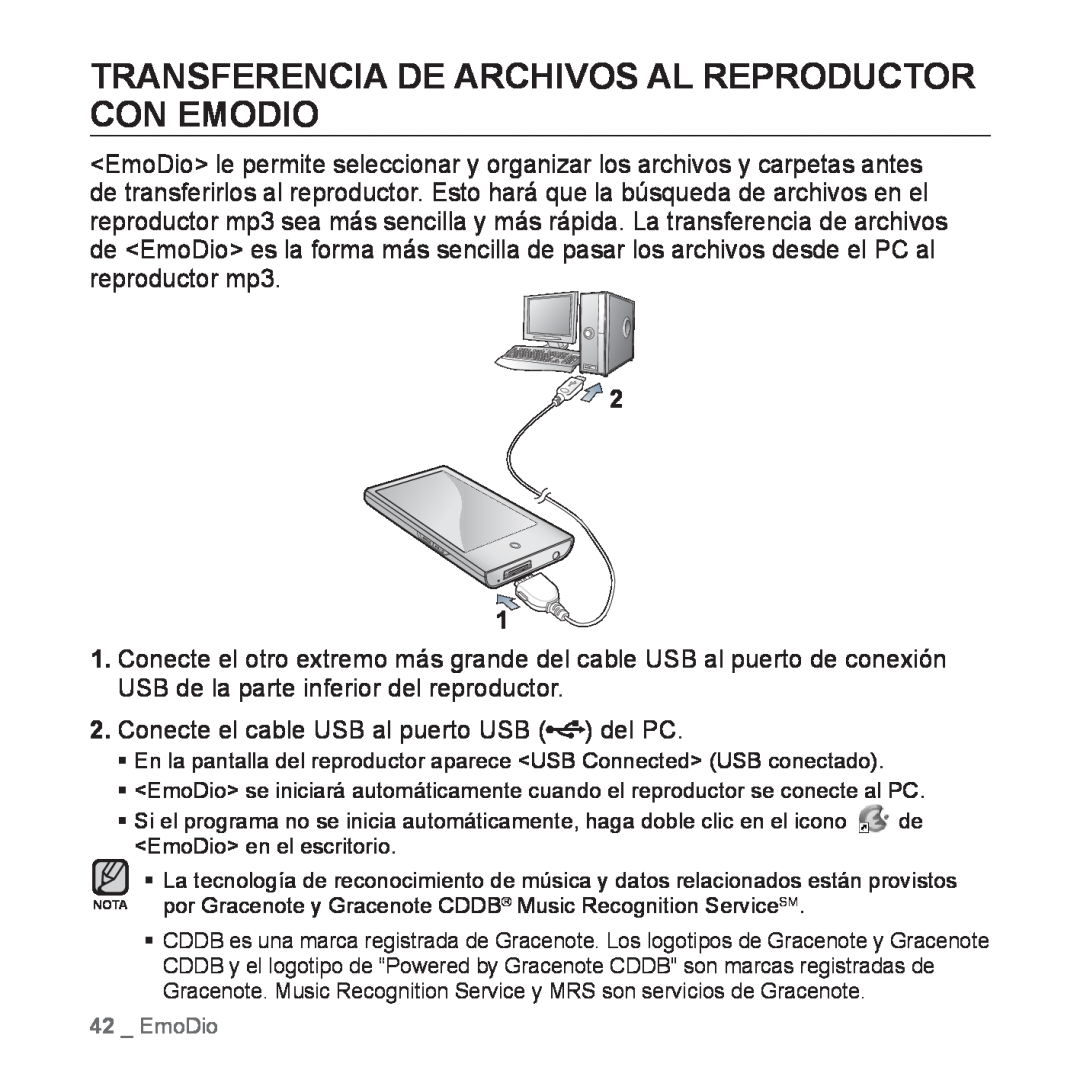 Samsung YP-P2AB/MEA manual Transferencia De Archivos Al Reproductor Con Emodio, Conecte el cable USB al puerto USB del PC 