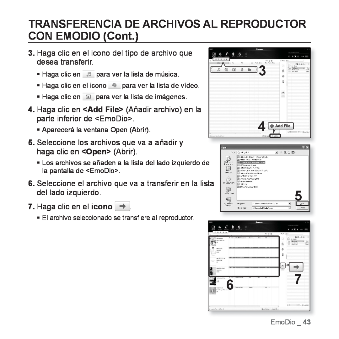 Samsung YP-P2AB/MEA manual TRANSFERENCIA DE ARCHIVOS AL REPRODUCTOR CON EMODIO Cont, Haga clic en el icono 