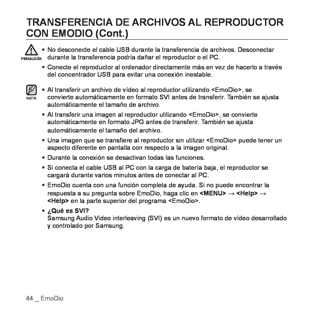 Samsung YP-P2AB/MEA manual TRANSFERENCIA DE ARCHIVOS AL REPRODUCTOR CON EMODIO Cont, ƒ ¿Qué es SVI?, EmoDio 