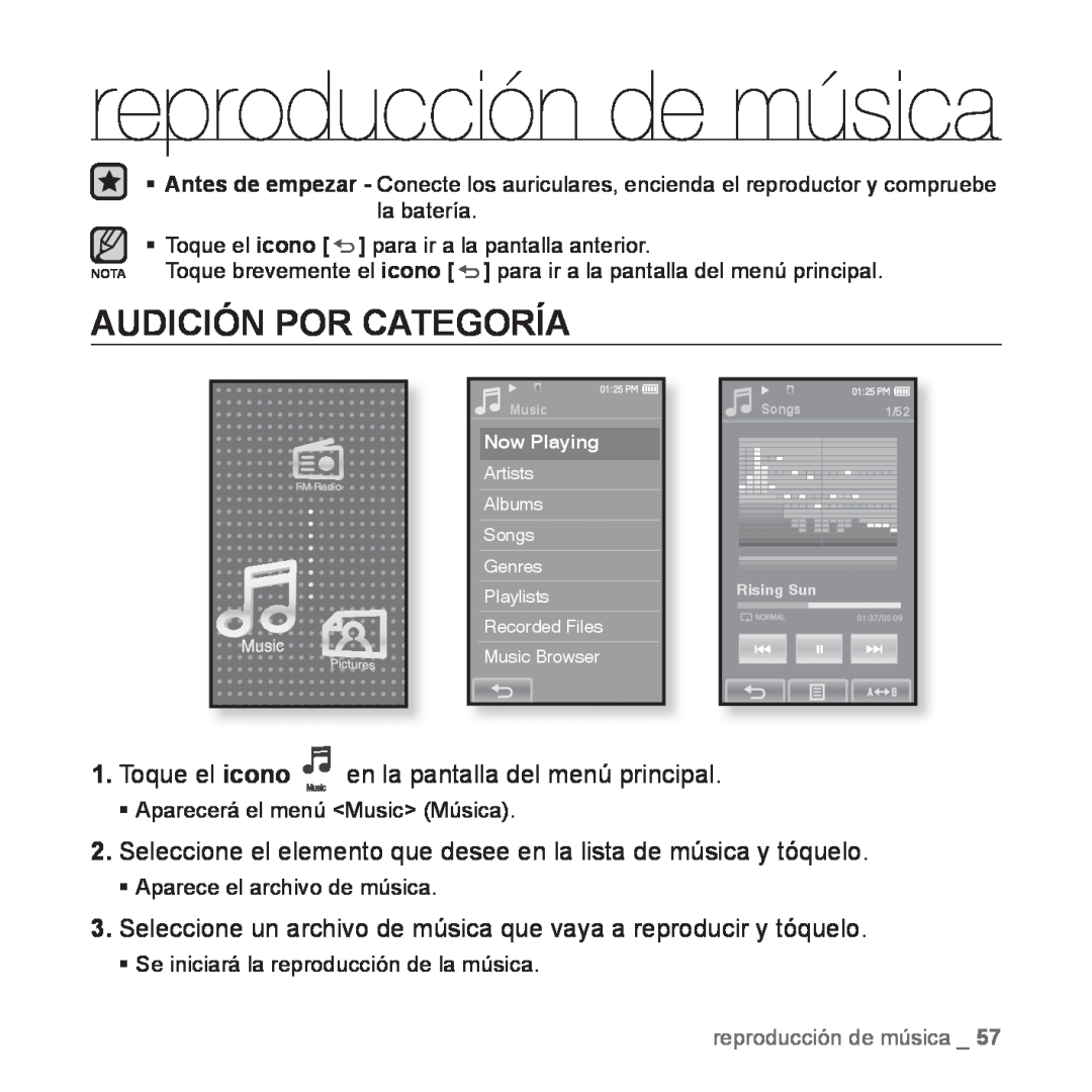 Samsung YP-P2AB/MEA manual Audición Por Categoría, Seleccione el elemento que desee en la lista de música y tóquelo 