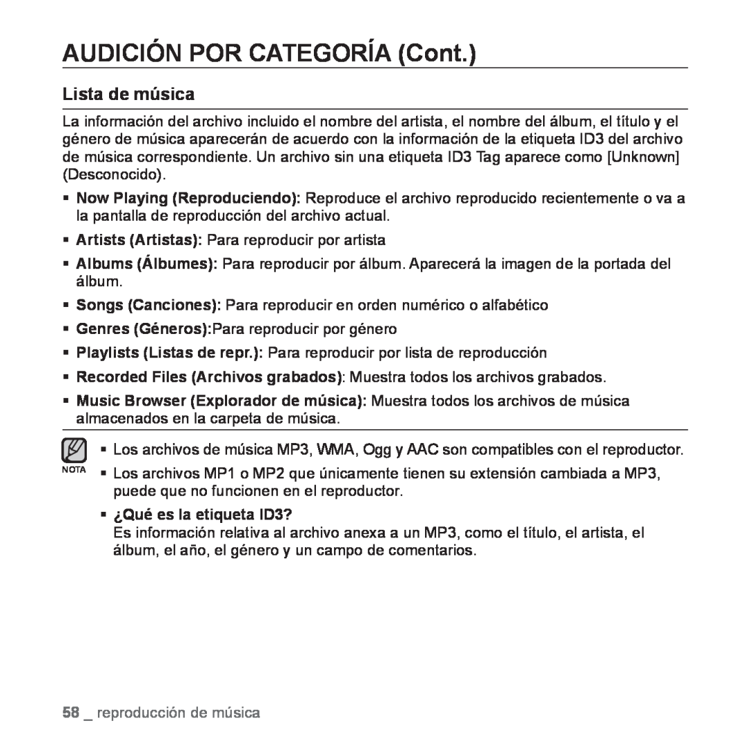Samsung YP-P2AB/MEA manual AUDICIÓN POR CATEGORÍA Cont, Lista de música, reproducción de música 