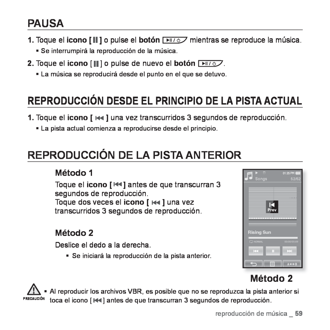 Samsung YP-P2AB/MEA Reproducción De La Pista Anterior, Reproducción Desde El Principio De La Pista Actual, Método, Pausa 