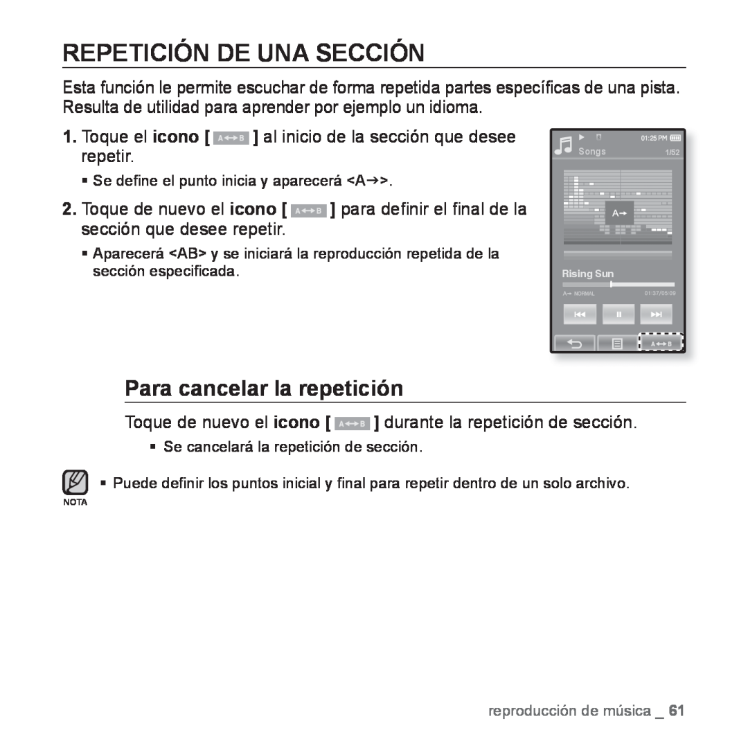 Samsung YP-P2AB/MEA manual Repetición De Una Sección, Para cancelar la repetición 