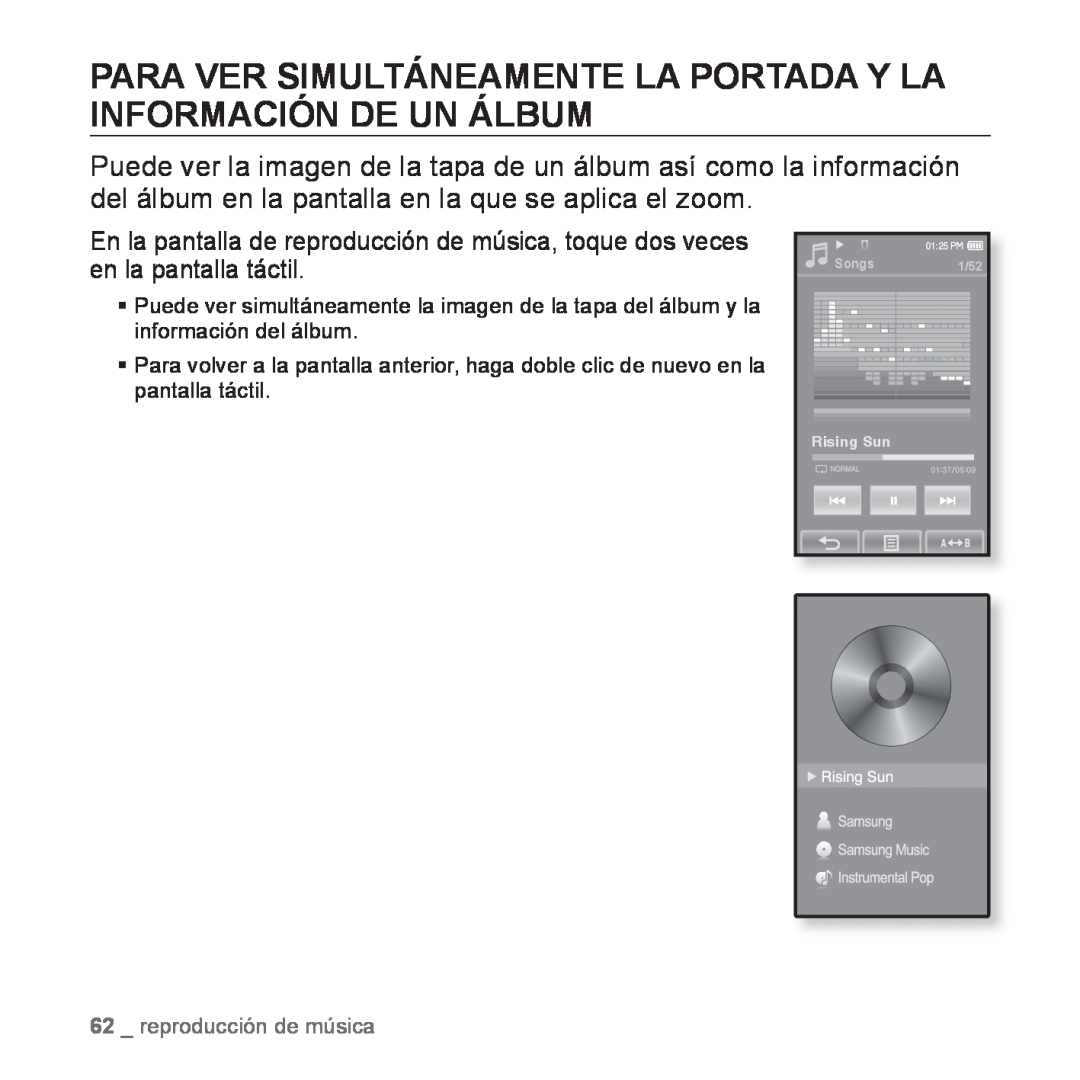 Samsung YP-P2AB/MEA manual Para Ver Simultáneamente La Portada Y La Información De Un Álbum, reproducción de música 