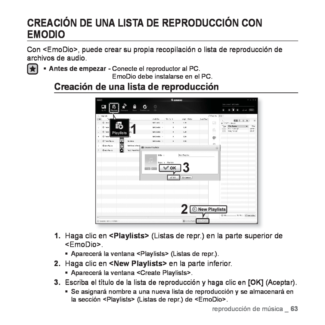 Samsung YP-P2AB/MEA manual Creación De Una Lista De Reproducción Con Emodio, Creación de una lista de reproducción 