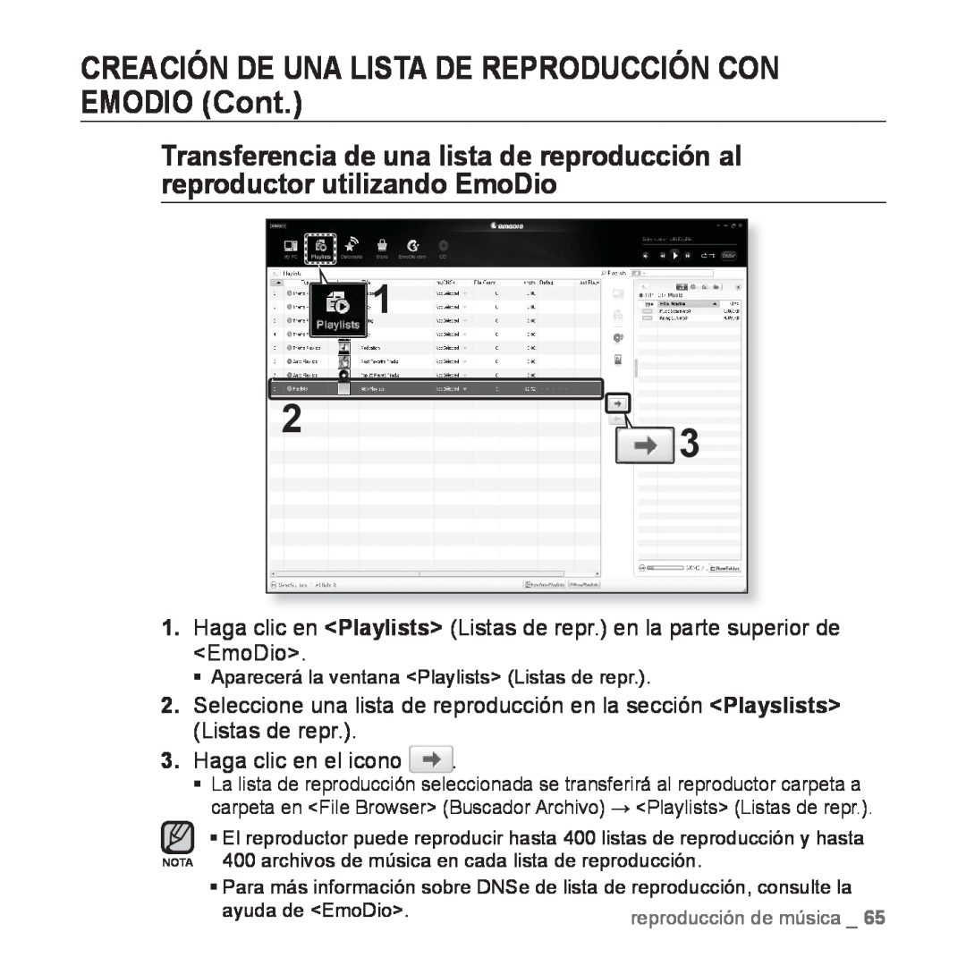 Samsung YP-P2AB/MEA manual Haga clic en el icono, CREACIÓN DE UNA LISTA DE REPRODUCCIÓN CON EMODIO Cont, ayuda de EmoDio 